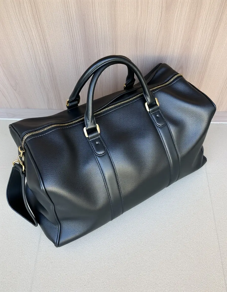 Borsa duffle in pelle nera con manici robusti