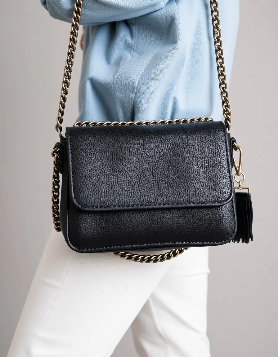 Elegante borsa nera in pelle con tracolla a catena