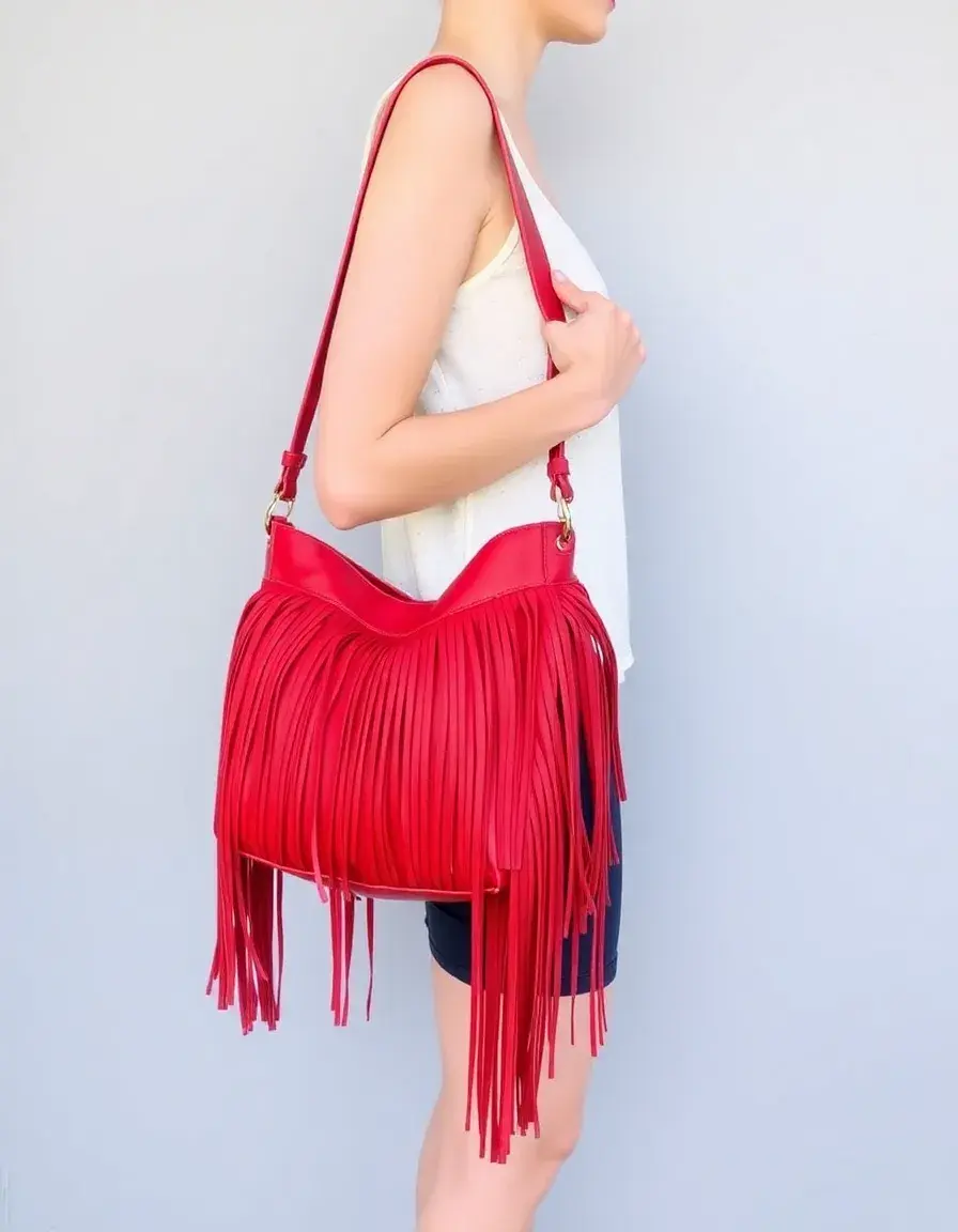 Borsa pelle tracolla rossa con frange boho chic