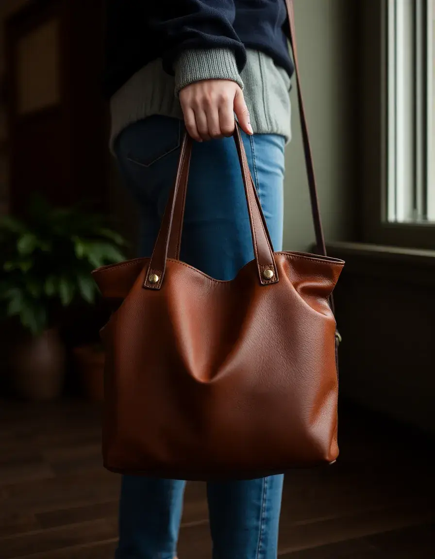 Borsa quotidiana in pelle marrone spaziosa e resistente
