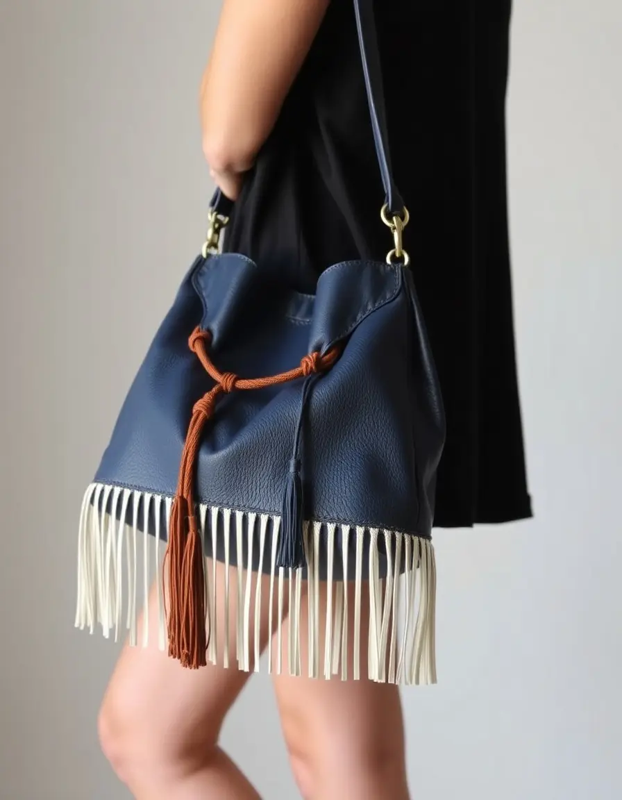 Borsa boho in pelle blu navy morbida e capiente