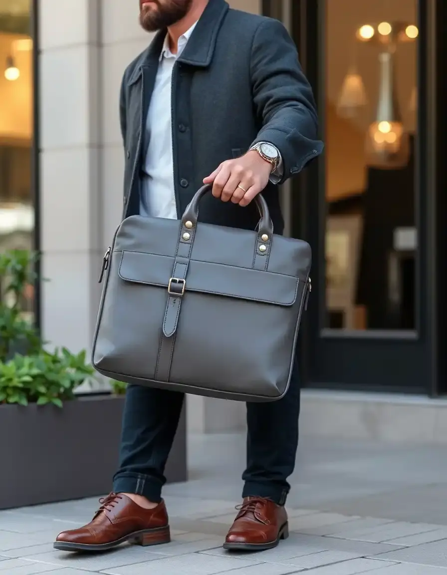 Borsa porta computer in pelle grigia design moderno