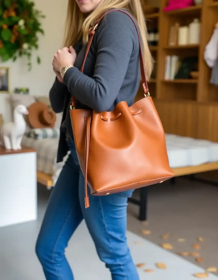 Borsa a secchiello in vera pelle color cuoio