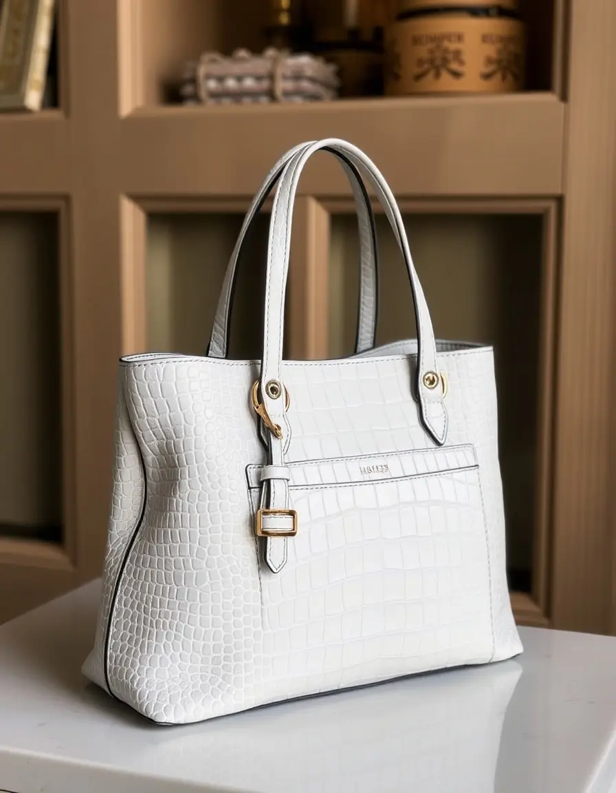 Borsa in vera pelle bianca con trama goffrata
