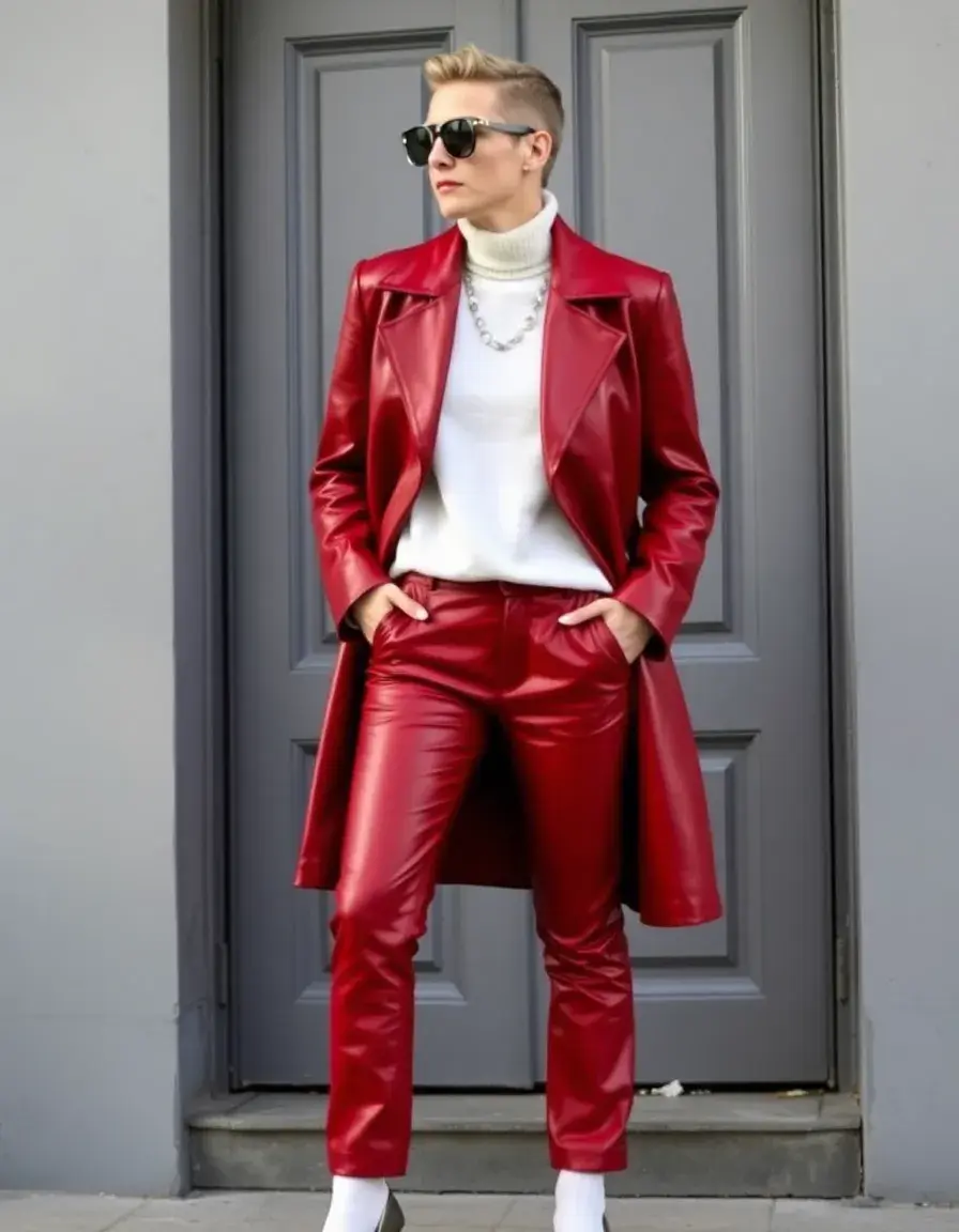 Pantaloni in pelle rossa da donna taglio sartoriale audace
