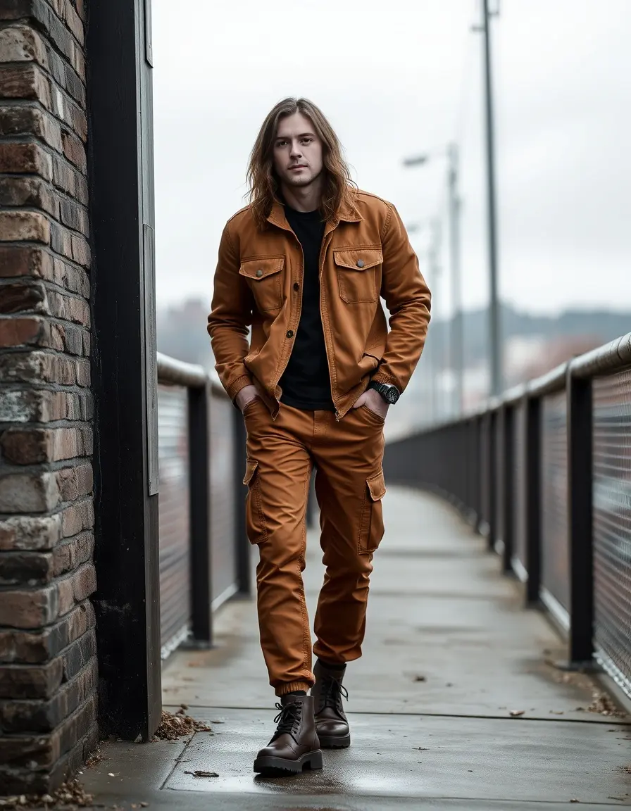 Pantaloni cargo in pelle tan donna con tasconi laterali