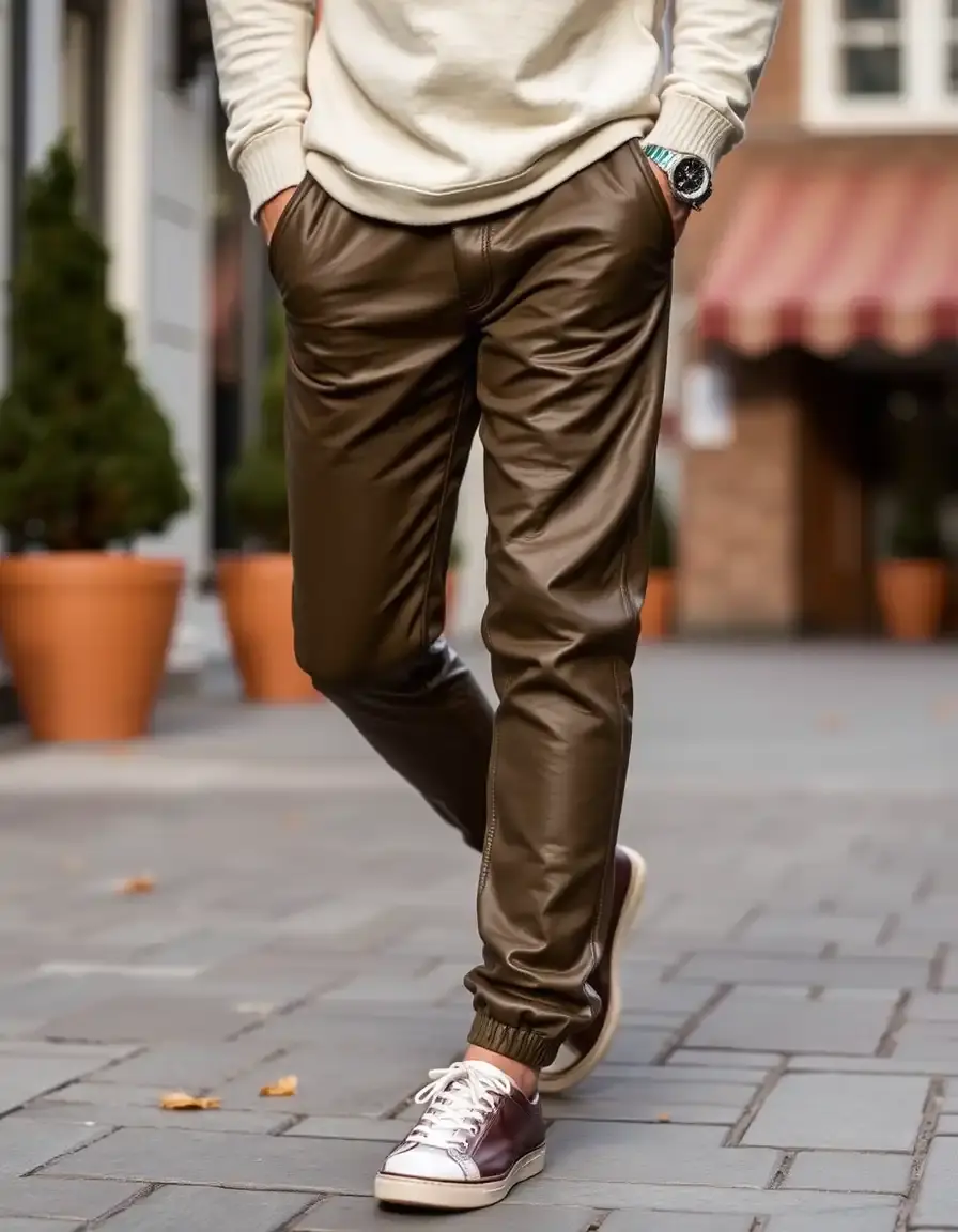 Joggers in pelle verde oliva stile casual di lusso