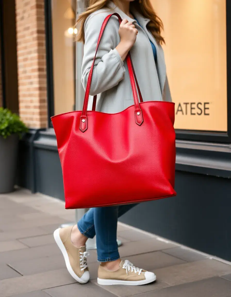 Grande borsa shopper in vera pelle rossa vibrante