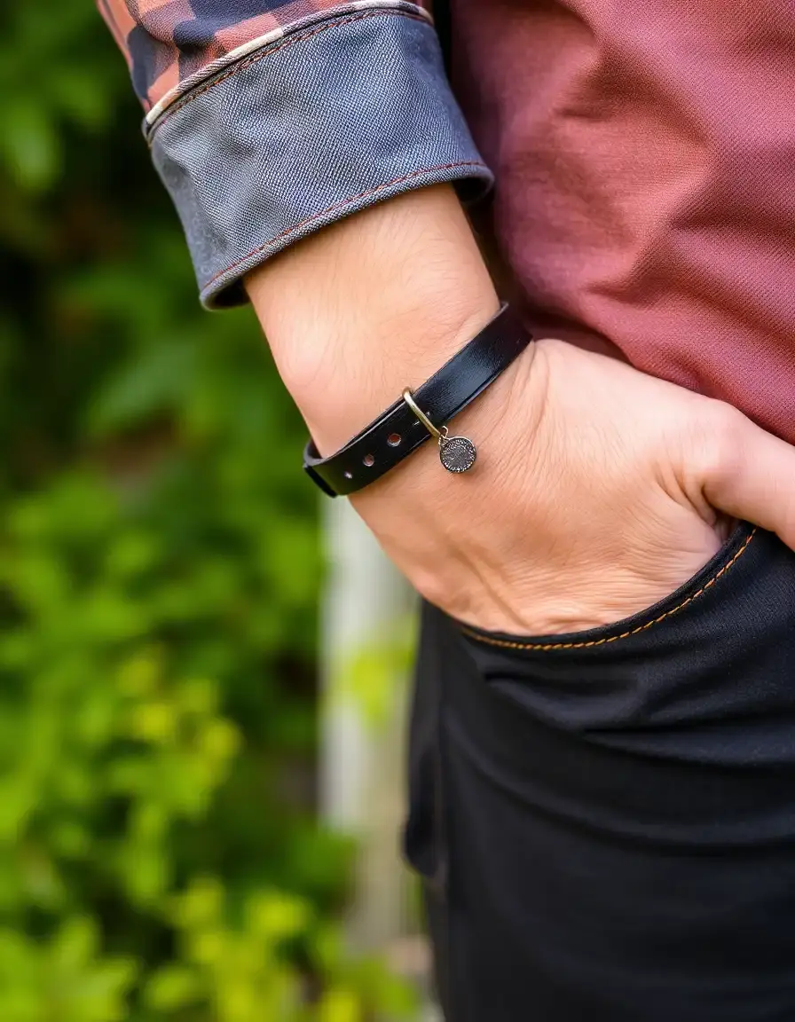 Bracciale pelle uomo nero tipo cuff robusto