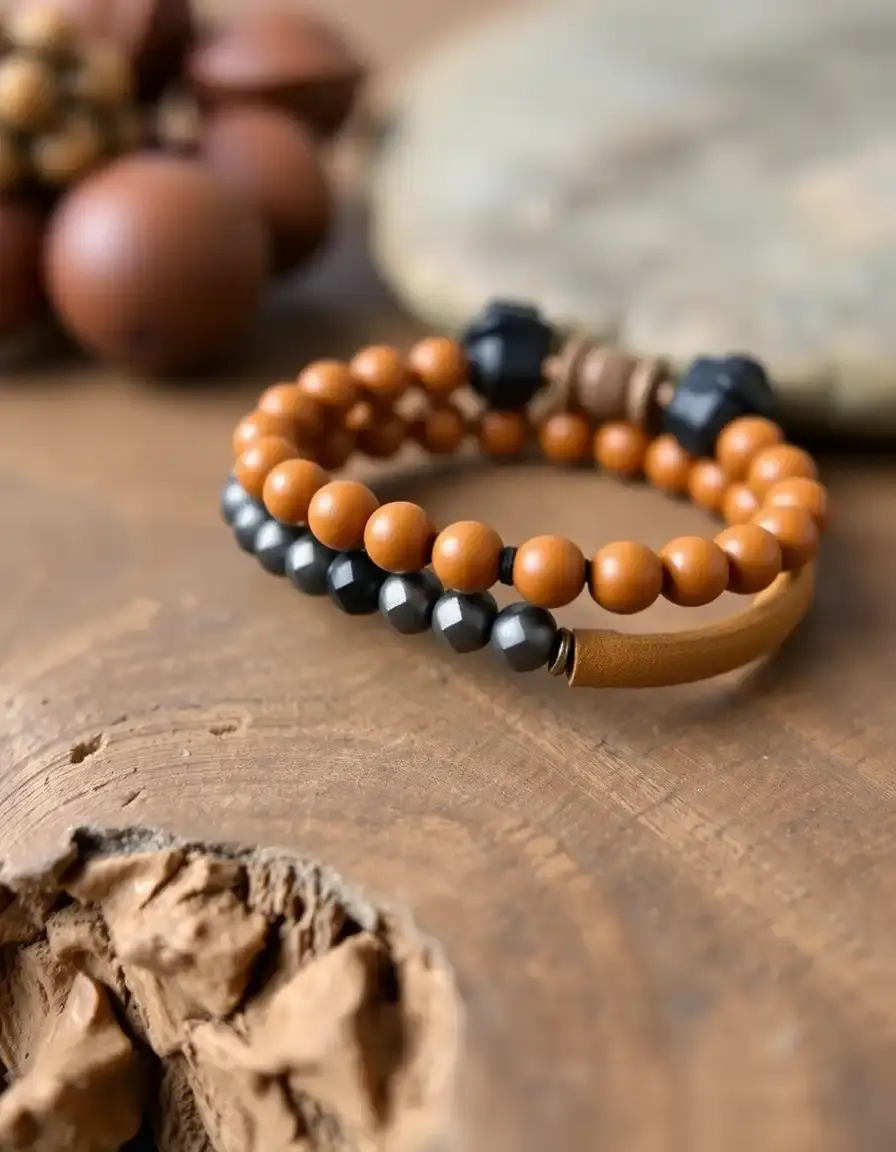 Bracciale pelle uomo con perline color tan