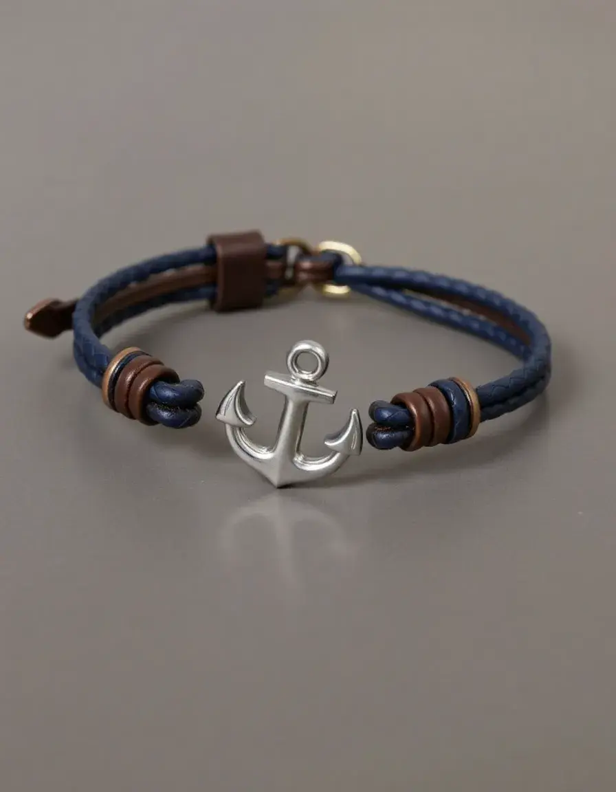 Bracciale pelle ancora uomo blu navy