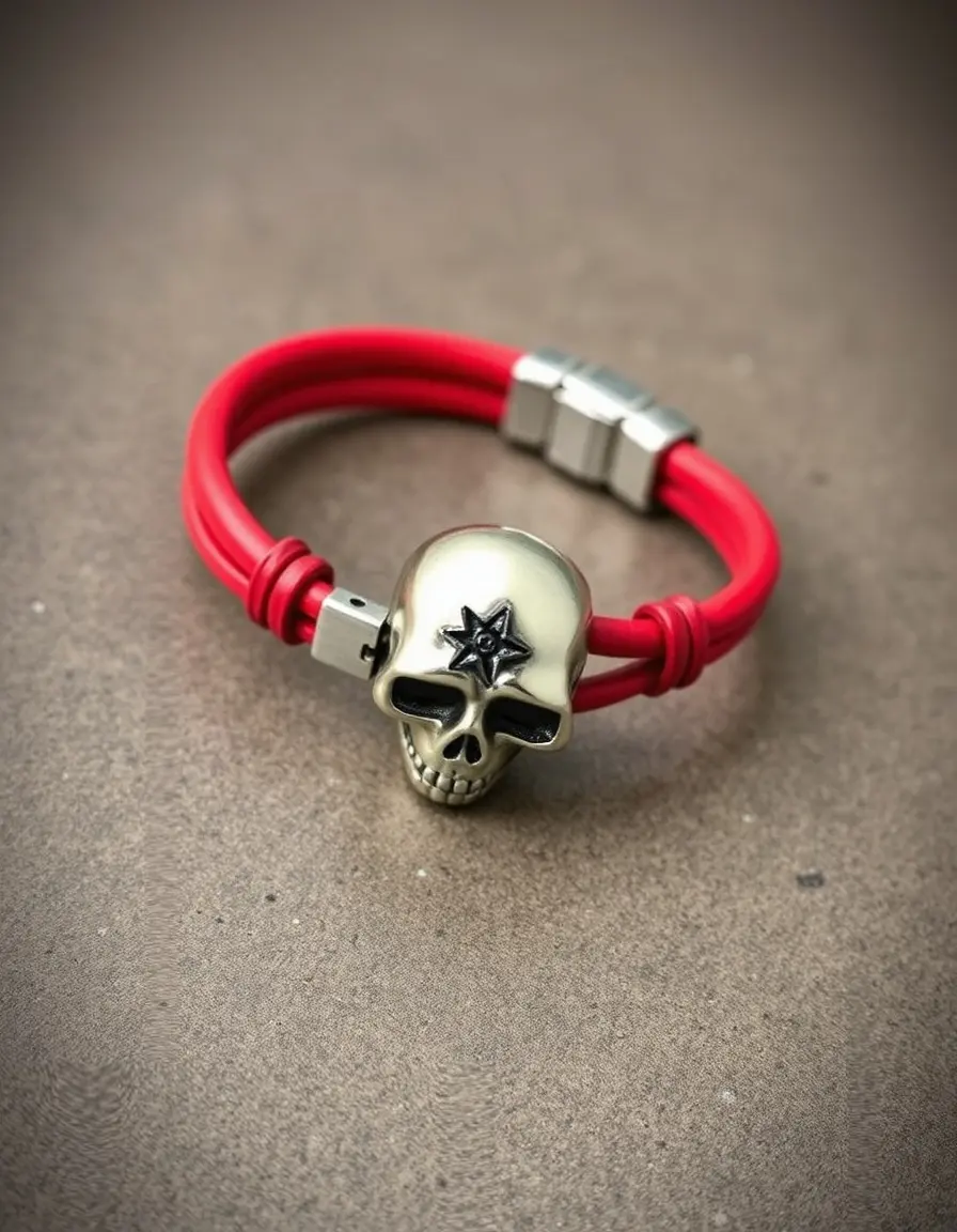 Bracciale pelle uomo rosso con teschi stile rock