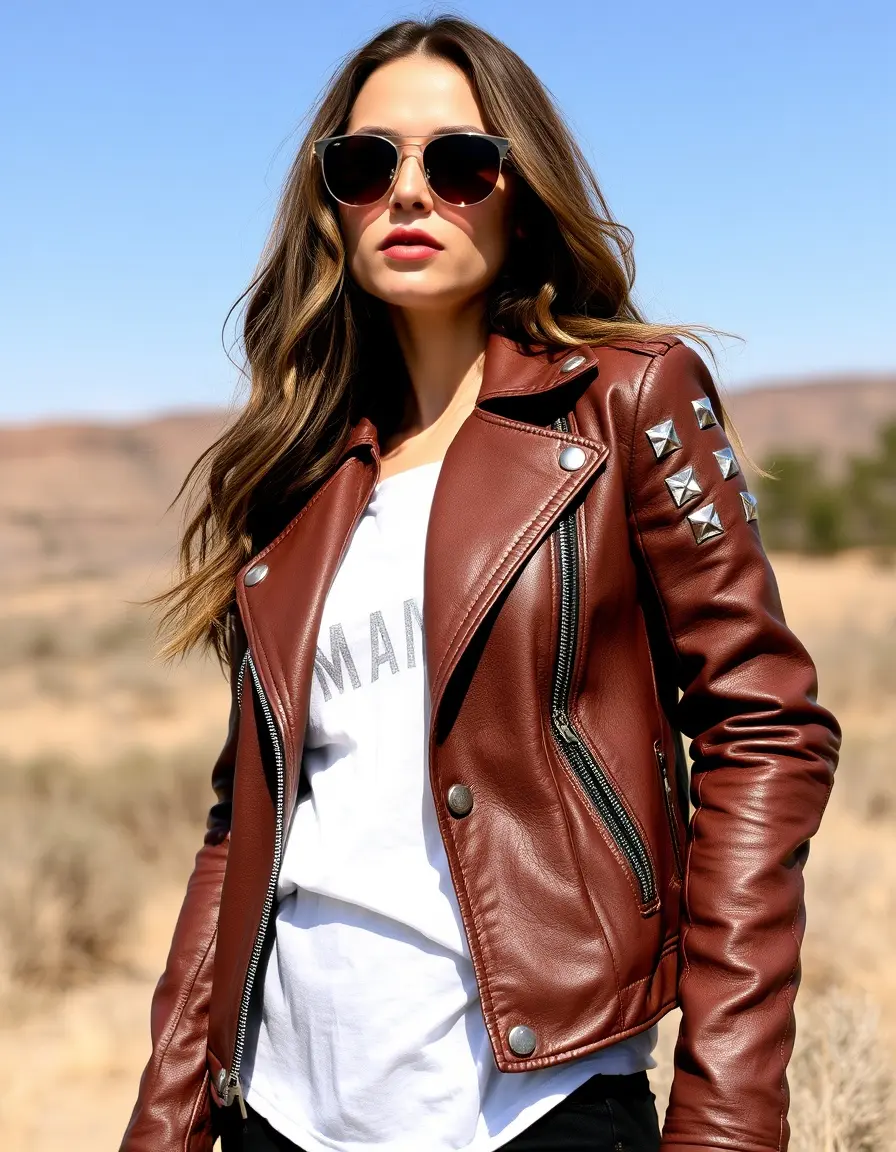 Giacca in pelle marrone con rivetti stile vintage