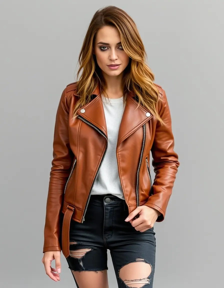 Giacca chiodo color cuoio stile punk con borchie