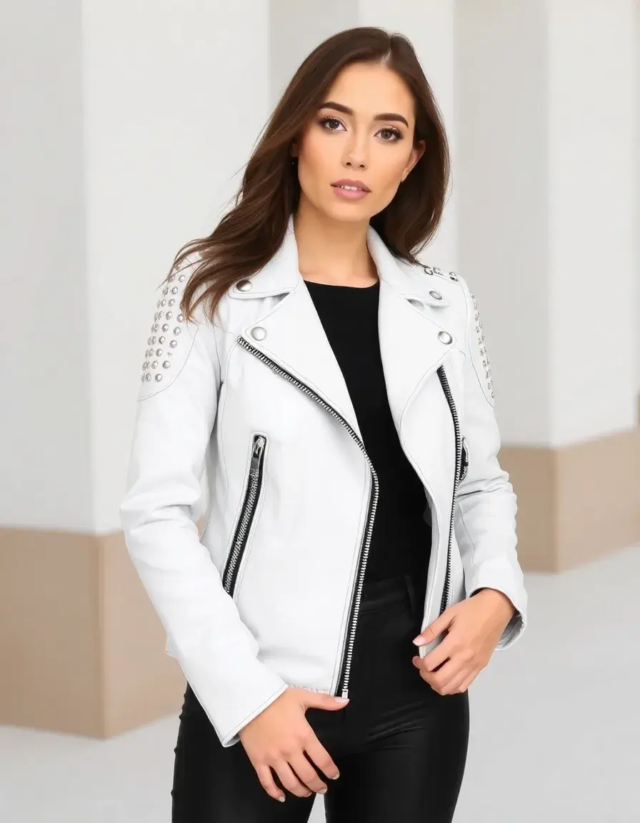 Giacca biker pelle bianca borchiata