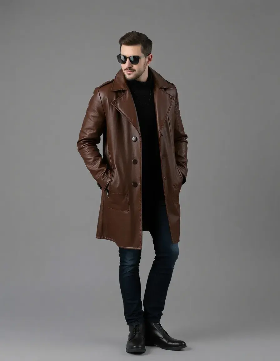 Cappotto uomo pelle marrone con borchie