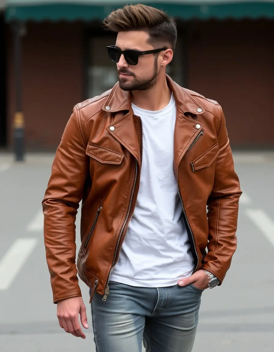 Giacca rock pelle color cuoio uomo
