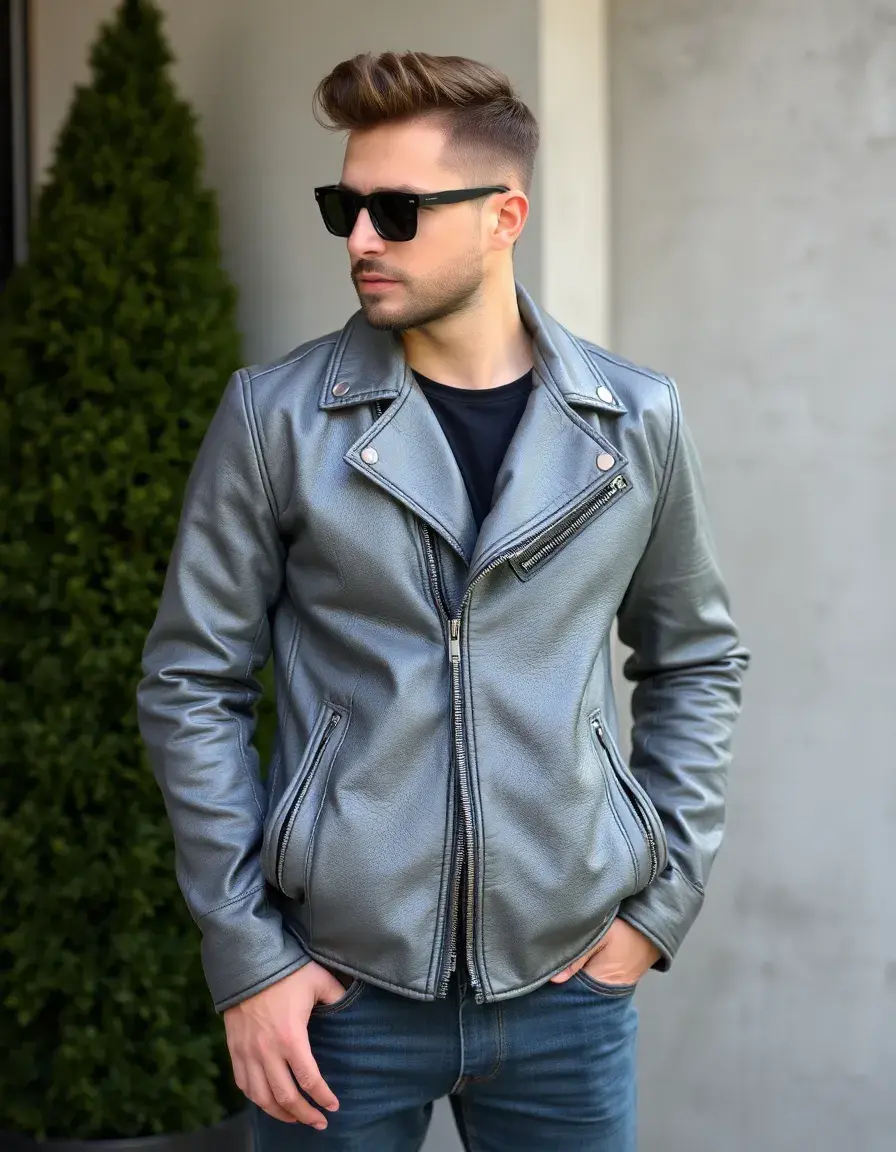 Giacca pelle grigio heavy metal uomo