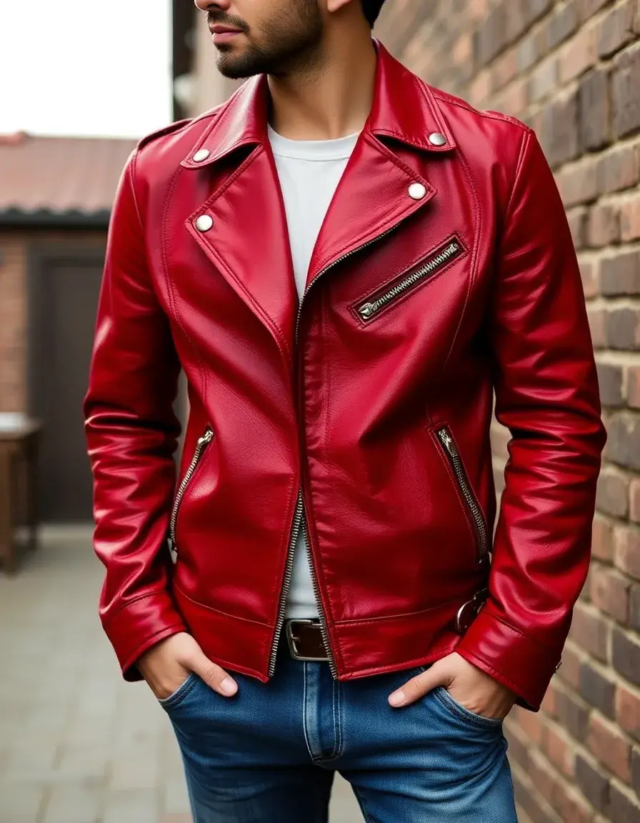 Giacca pelle vintage rossa uomo con borchie