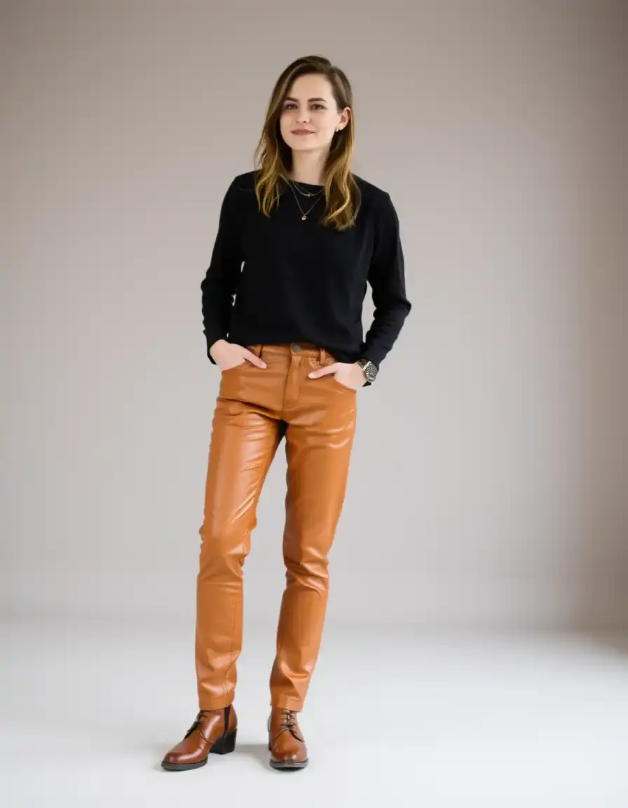 Pantaloni pelle donna color tan stile casual