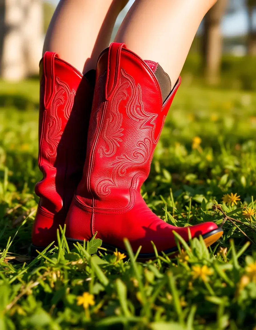 Stivali stile cowboy in pelle rossa vivace per un look western moderno