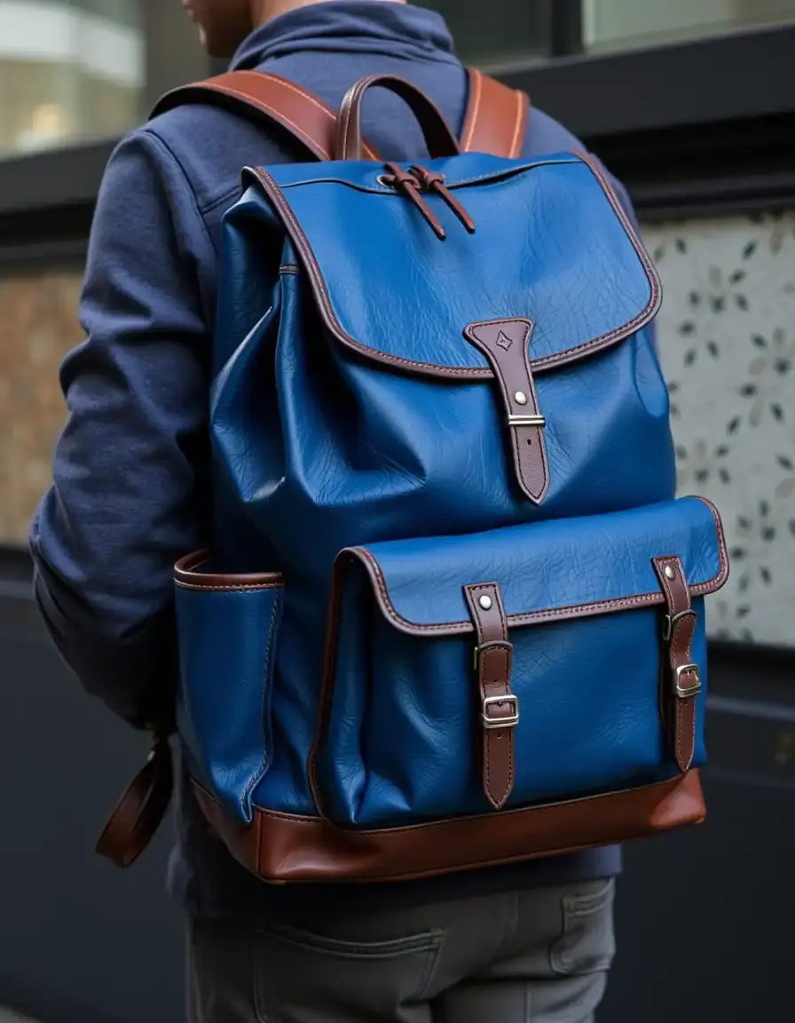 Zaino urbano pelle blu stile contemporaneo