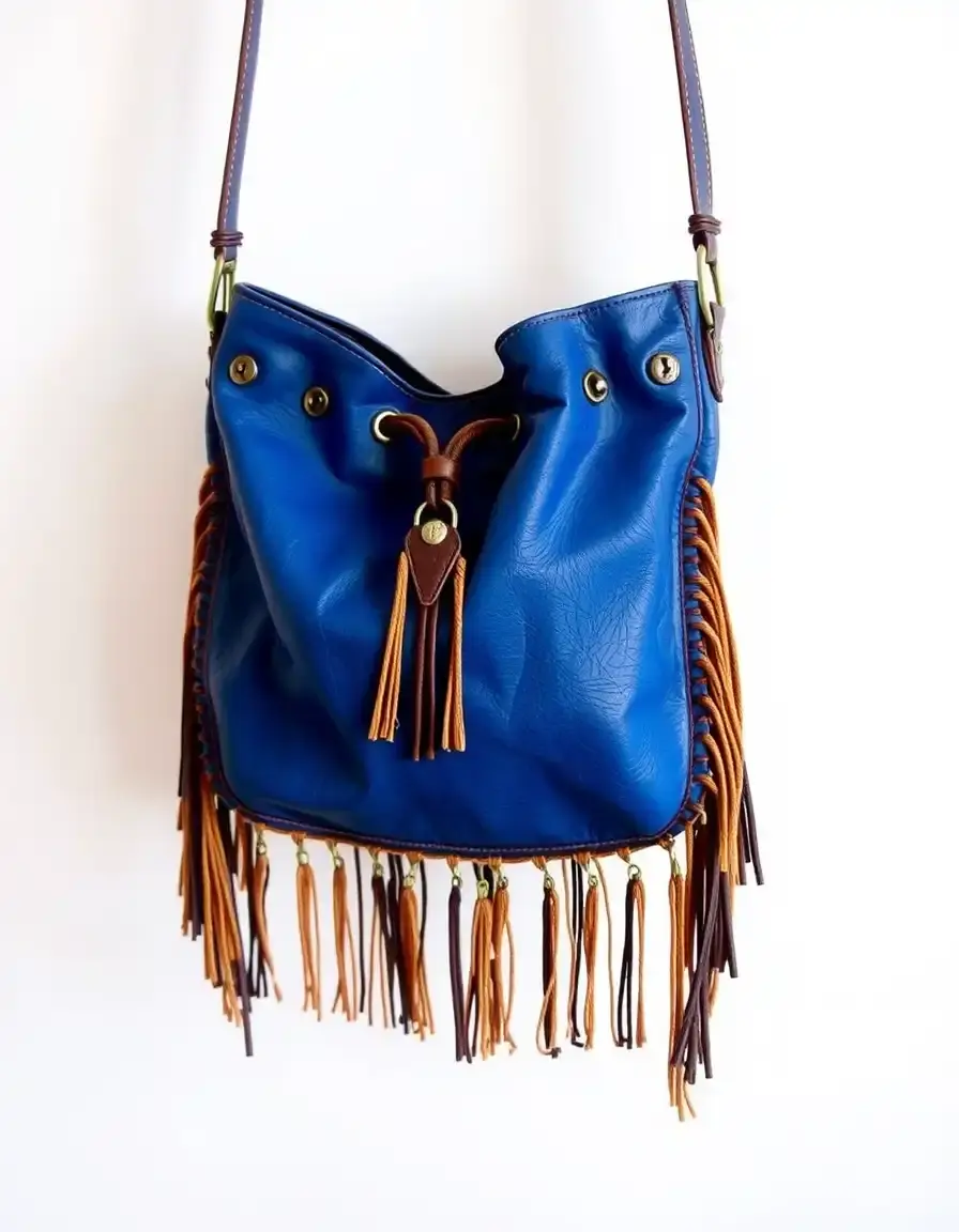 Borsa boho in pelle blu dallo stile artistico e morbido