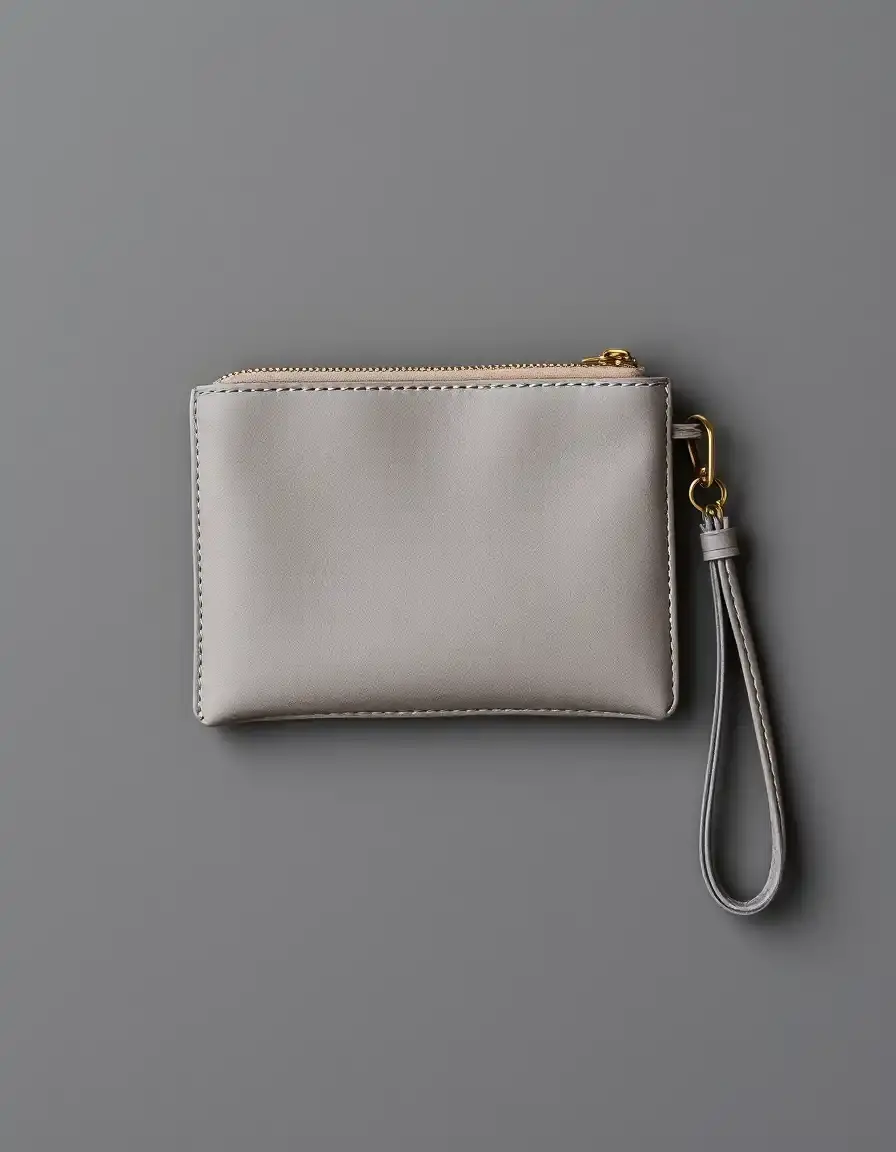 Pochette grigia in pelle con laccetto da polso