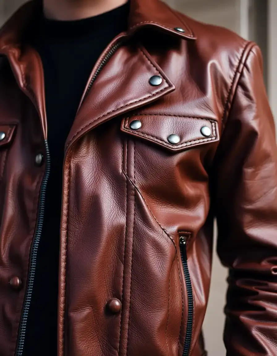 Giacca in pelle marrone con rivetti metallici