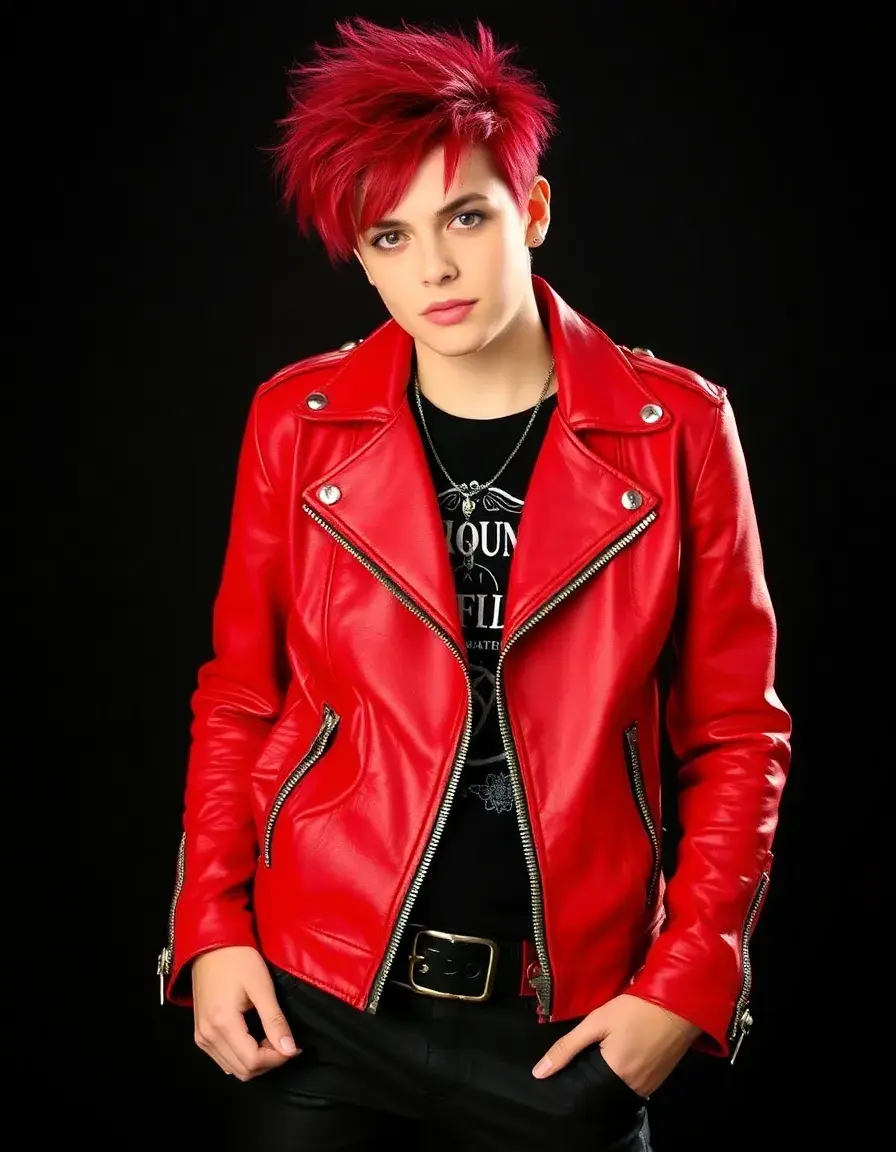 Chiodo in pelle rossa con punte metalliche punk