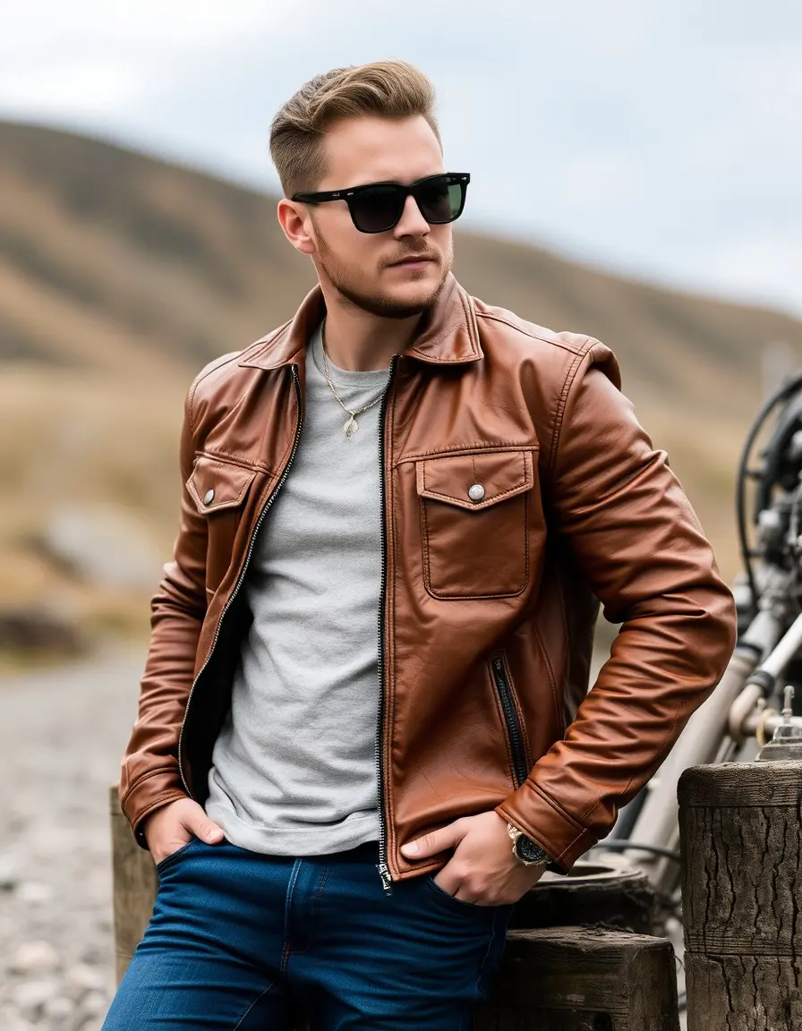 Giacca in pelle color cuoio uomo stile outdoor
