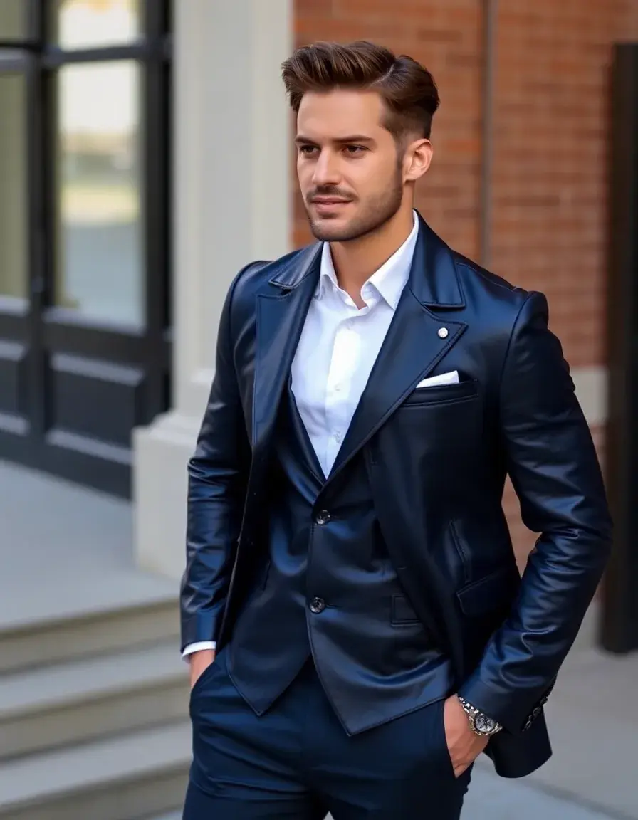 Giacca elegante in pelle blu navy uomo formale