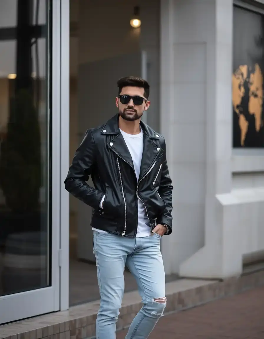 Giacca di pelle uomo nera stile casual in primo piano
