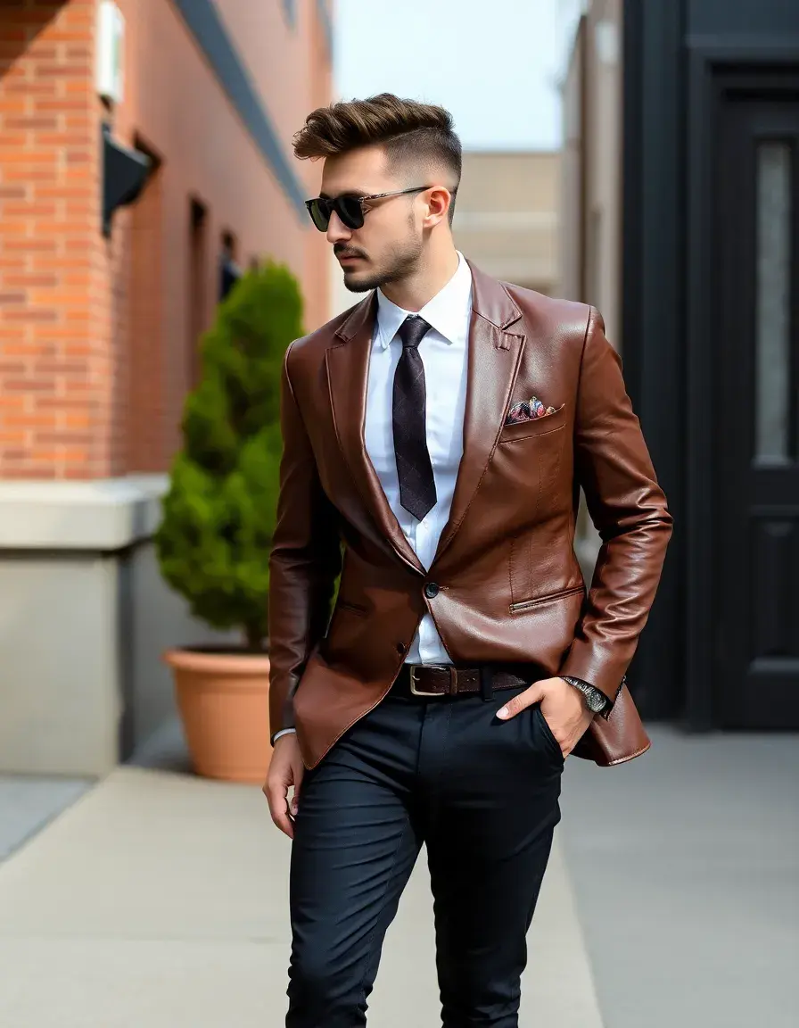Blazer in pelle marrone stile formale ed elegante