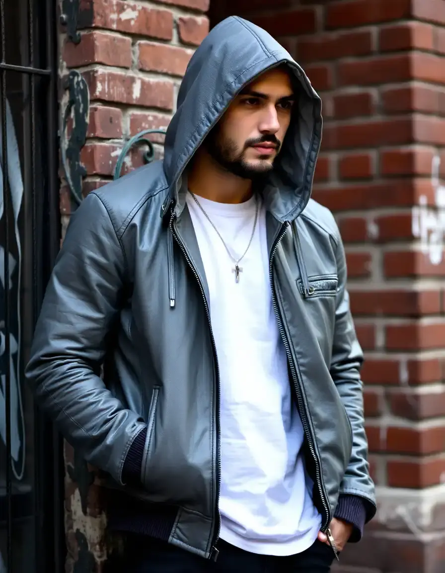 Giacca in pelle grigia con cappuccio stile urbano