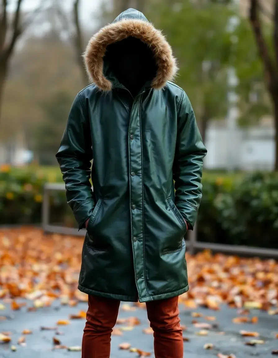 Parka lungo in pelle verde con cappuccio