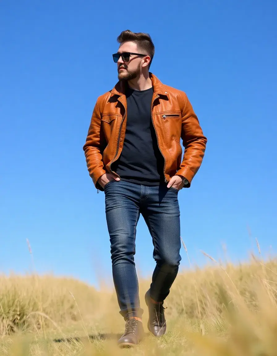 Giacca di pelle color cuoio chiaro stile casual
