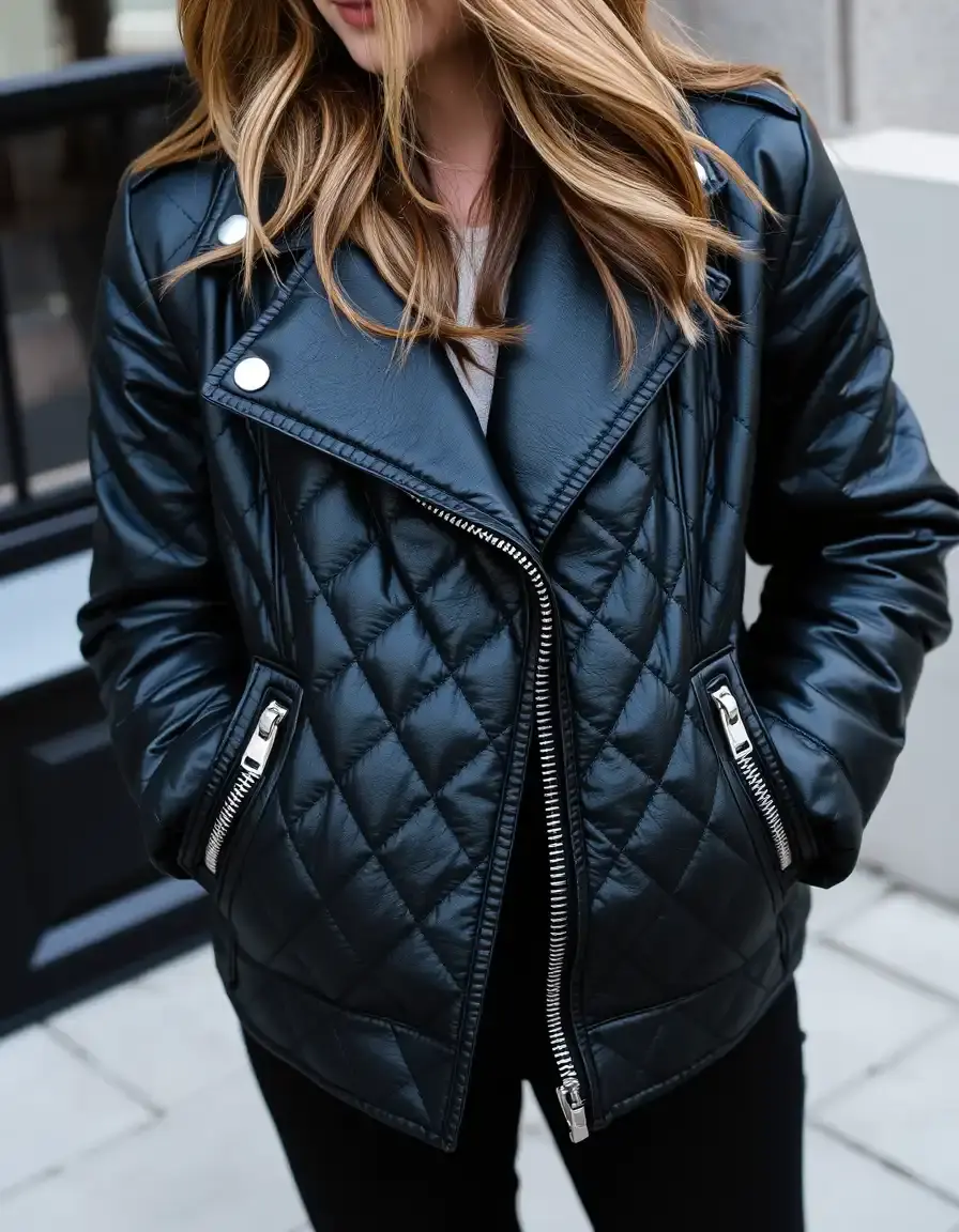 Giacca in pelle nera trapuntata stile biker