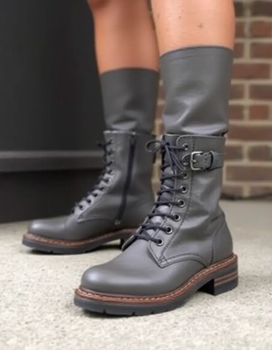 Stivali militari in pelle grigia da donna, stile urbano e moderno