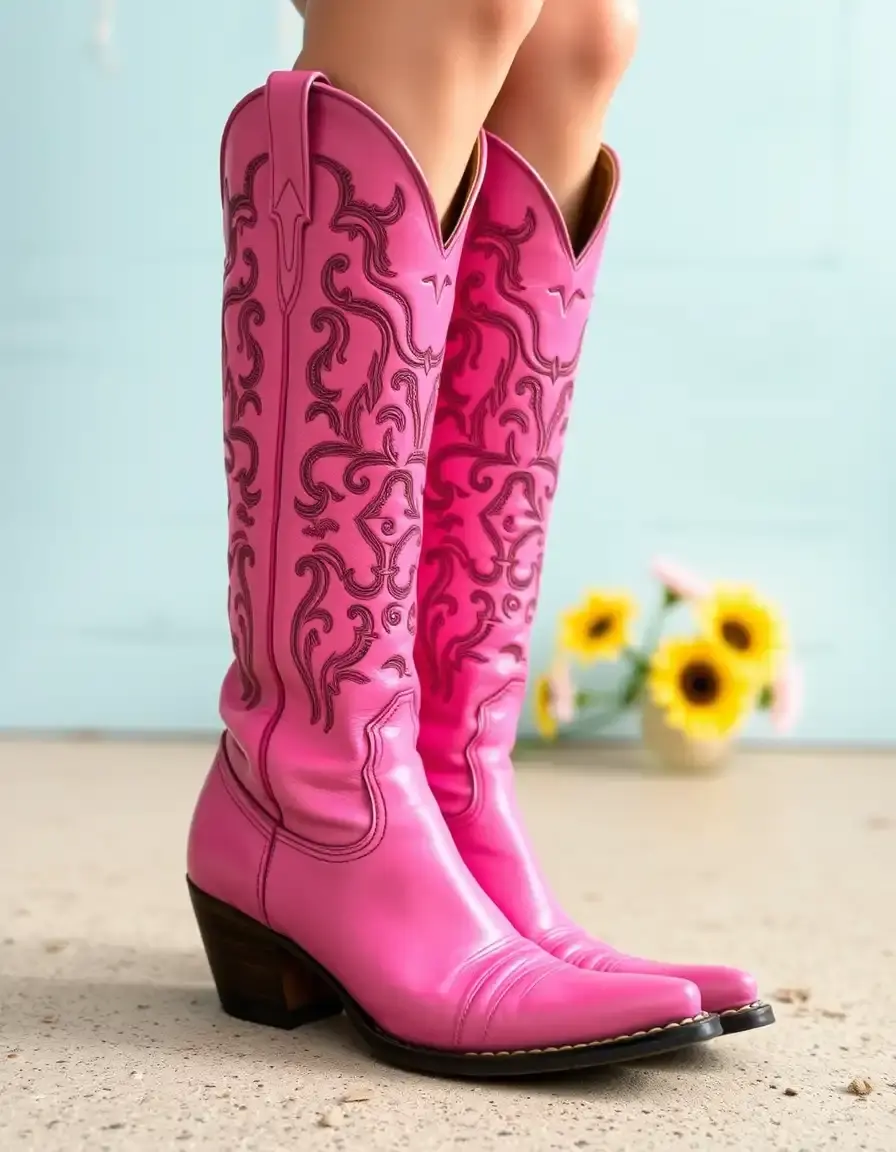 Stivali stile western in pelle rosa, originali e divertenti