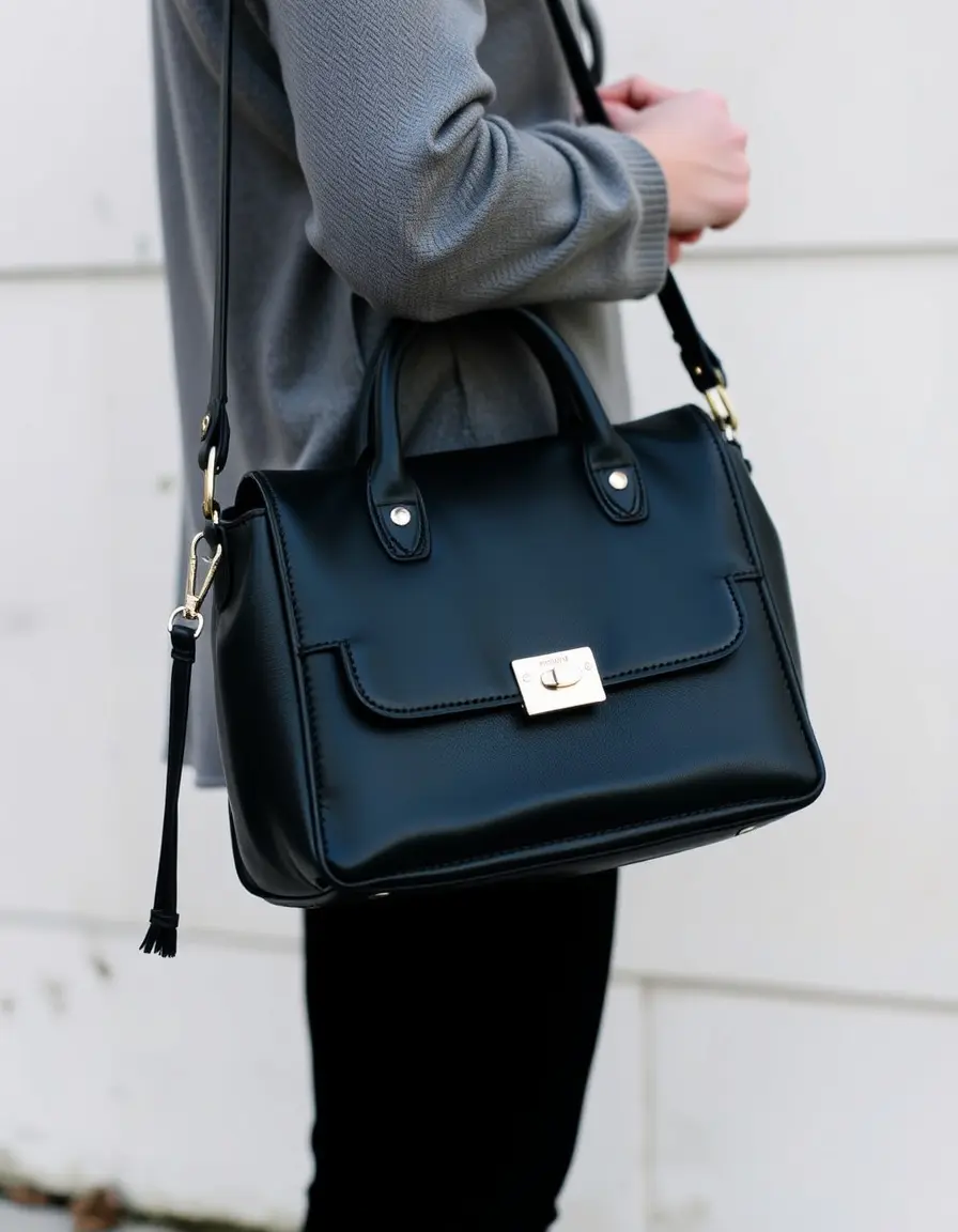 Elegante borsa di pelle nera con texture mista per uso quotidiano