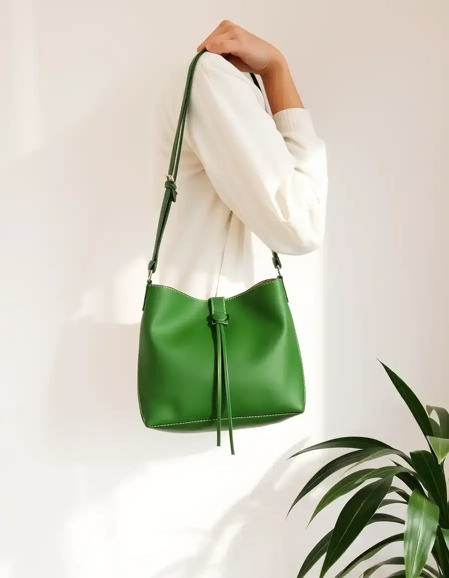 Borsa di pelle verde scuro naturale dallo stile artigianale