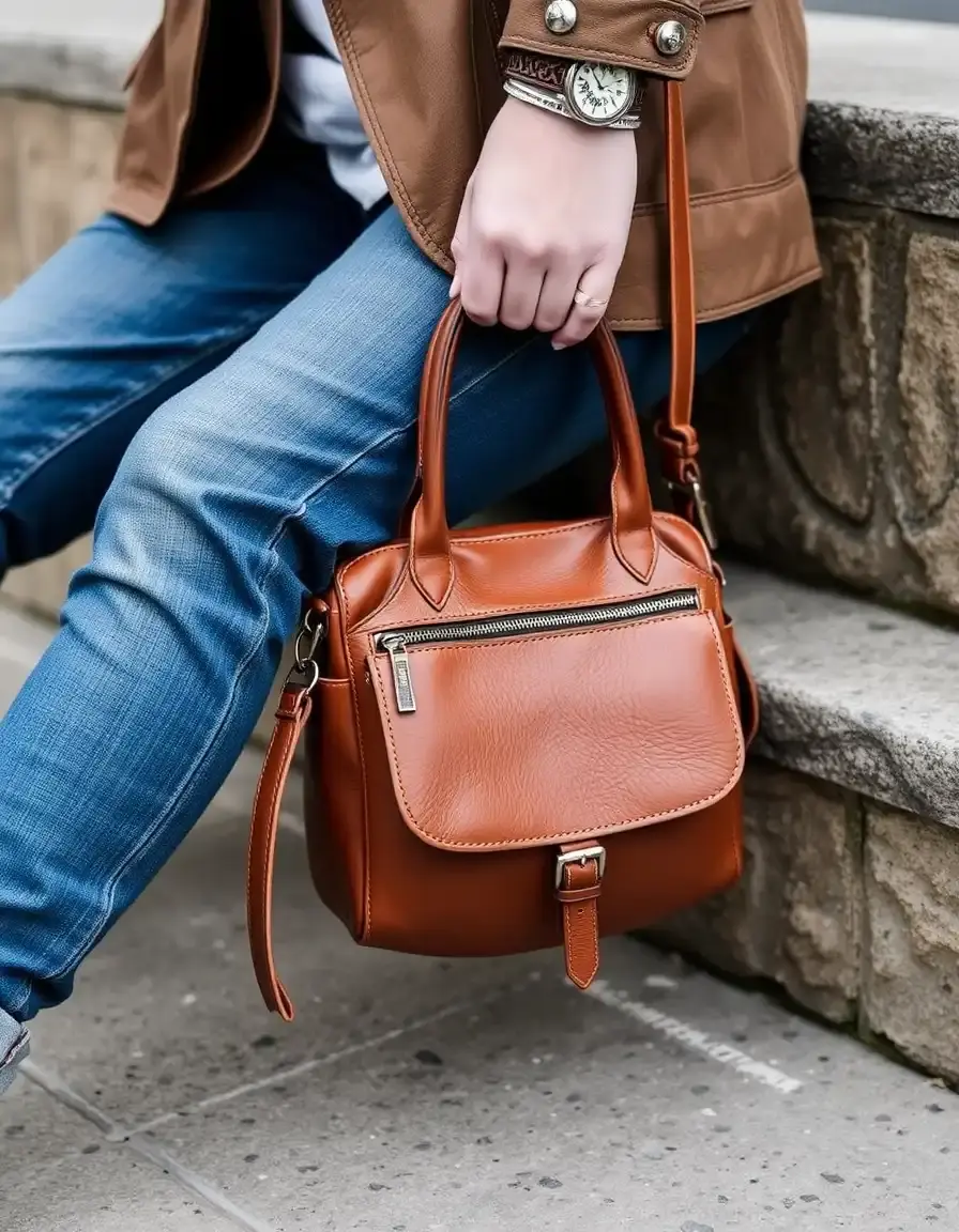 Borsa capiente in pelle color cuoio chiaro stile casual