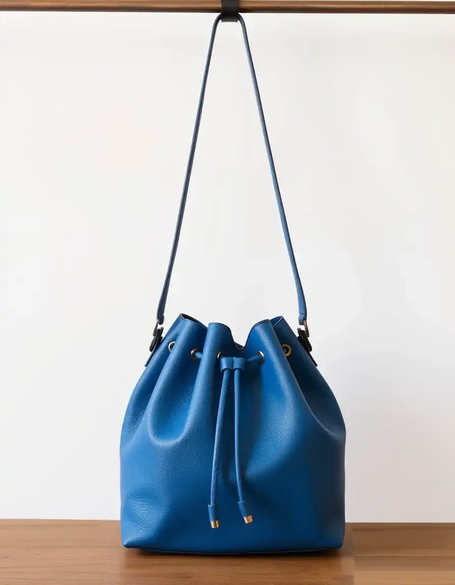 Borsa a secchiello in pelle blu con chiusura a coulisse