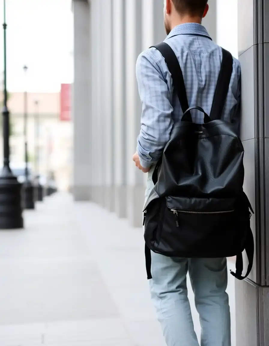 Zaino in pelle nera robusta per uomo stile business casual