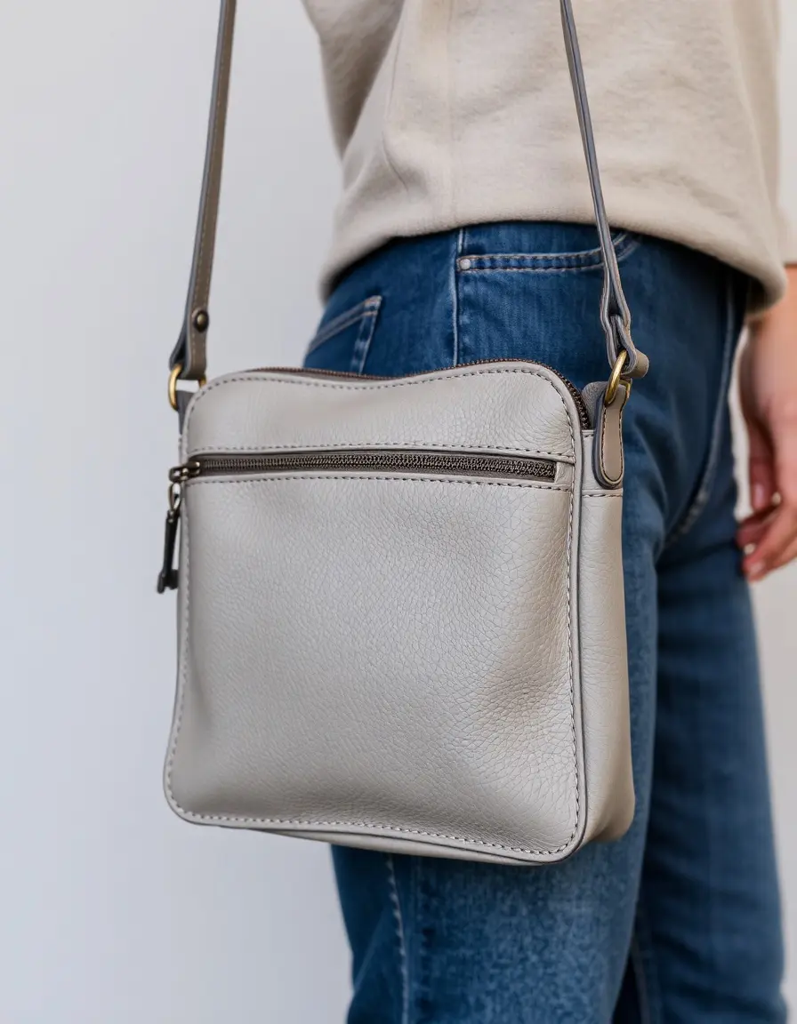 Borsa monospalla in pelle grigia compatta per uomo