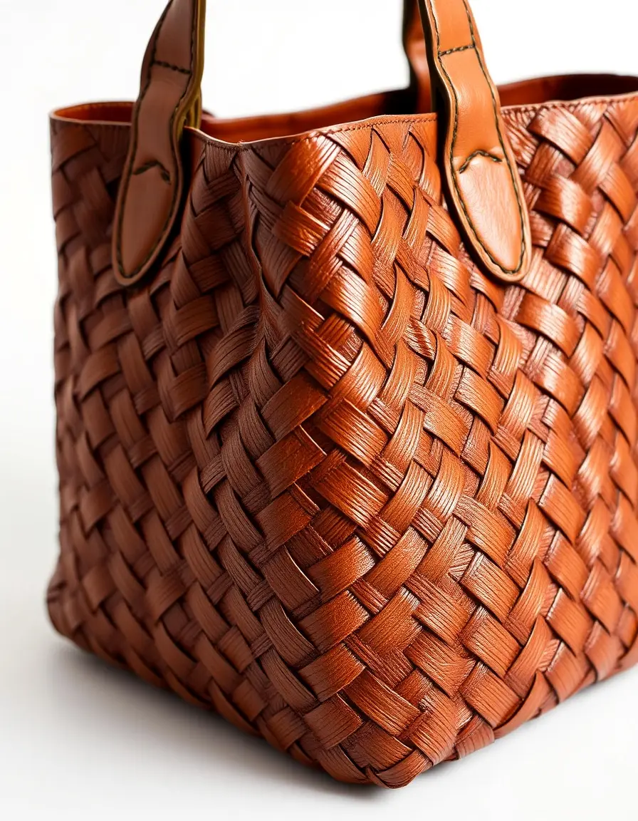 Woven Leather Tote Bag marrone con trama intrecciata dettagliata