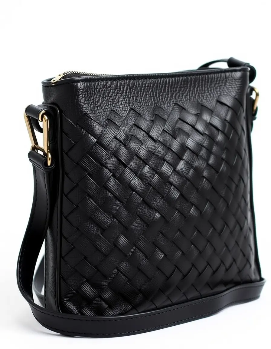 Borsa a tracolla nera in pelle intrecciata con cinghia sottile