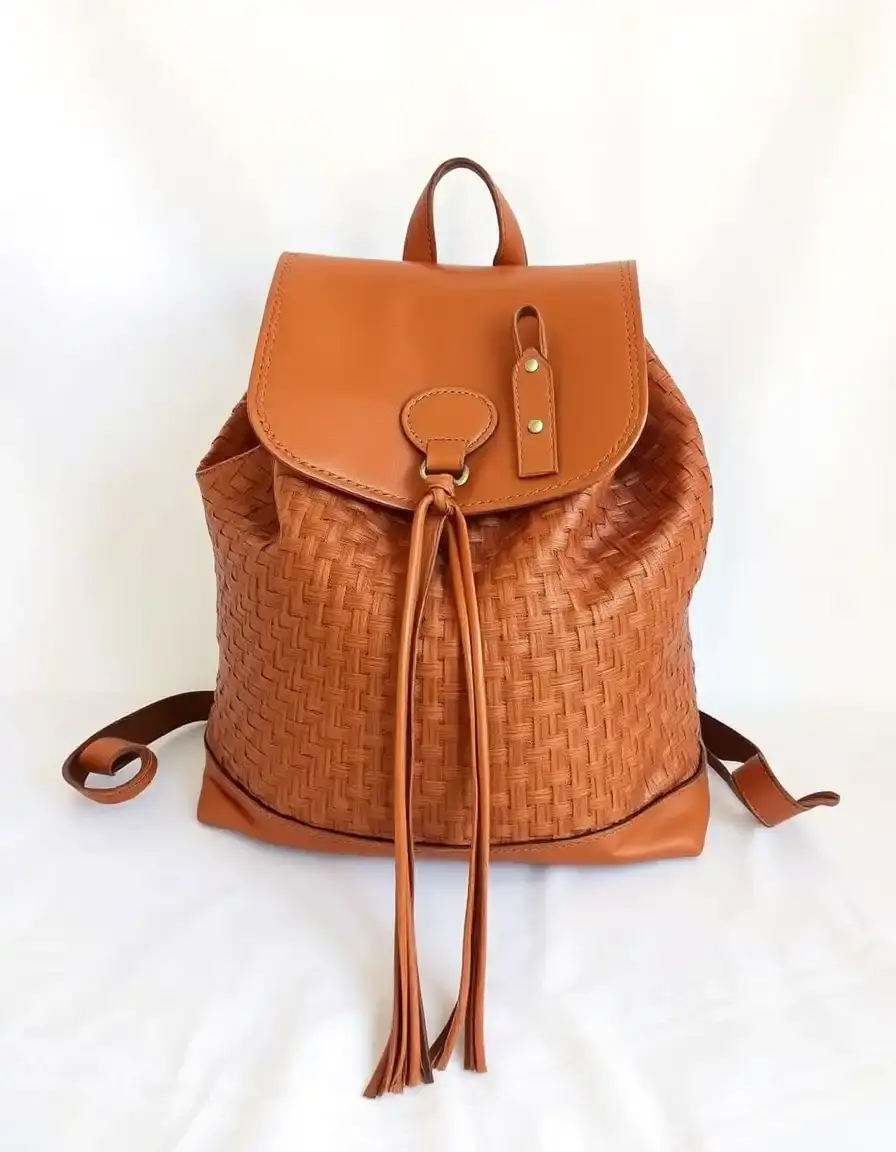 Zaino in pelle intrecciata color cuoio stile boho