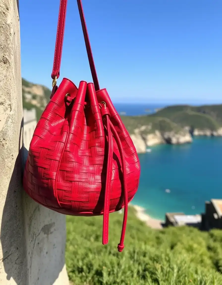 Borsa a secchiello rossa in pelle intrecciata con chiusura a coulisse